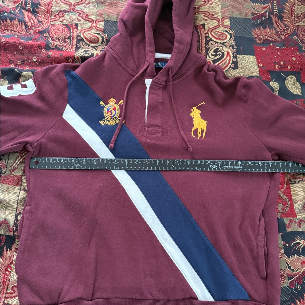 Polo Ralph Lauren Big Pony #3 Striped Burgundy Quarter Button Pullover Hoodie - Picture 4 of 7